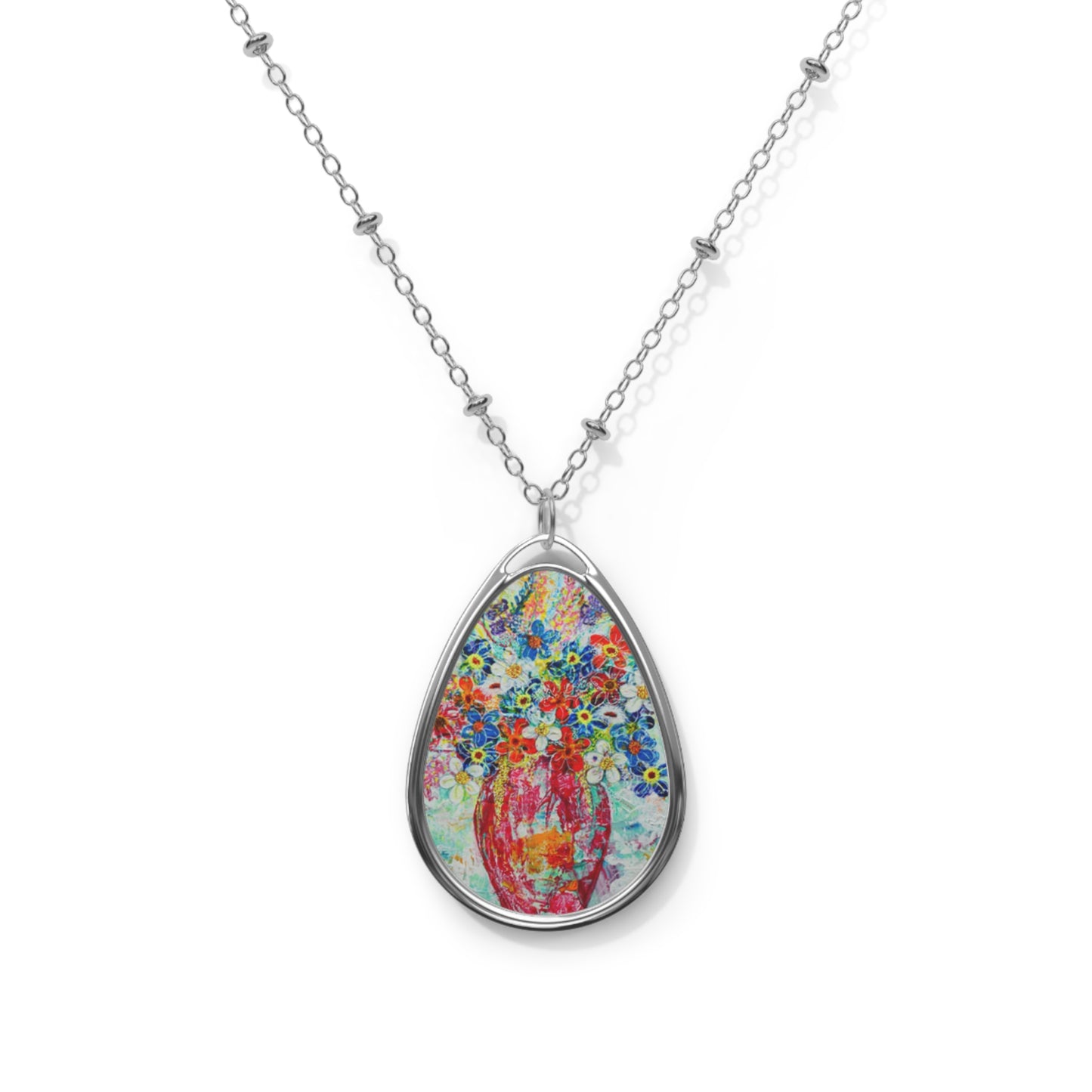 Oval Necklace - No. 245 - Flowers, Tall red vase - By Irish Artists Fiona de Lacy