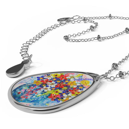 Oval Necklace - No. 244 - Blur Round Vase of Flowers - By Irish Artists Fiona de Lacy