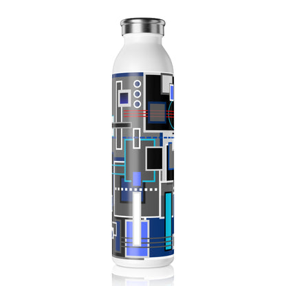 Slim Water Bottle - No. 235 - Blue, Black & Grey Squared 2 - By Irish Artist Fiona de Lacy