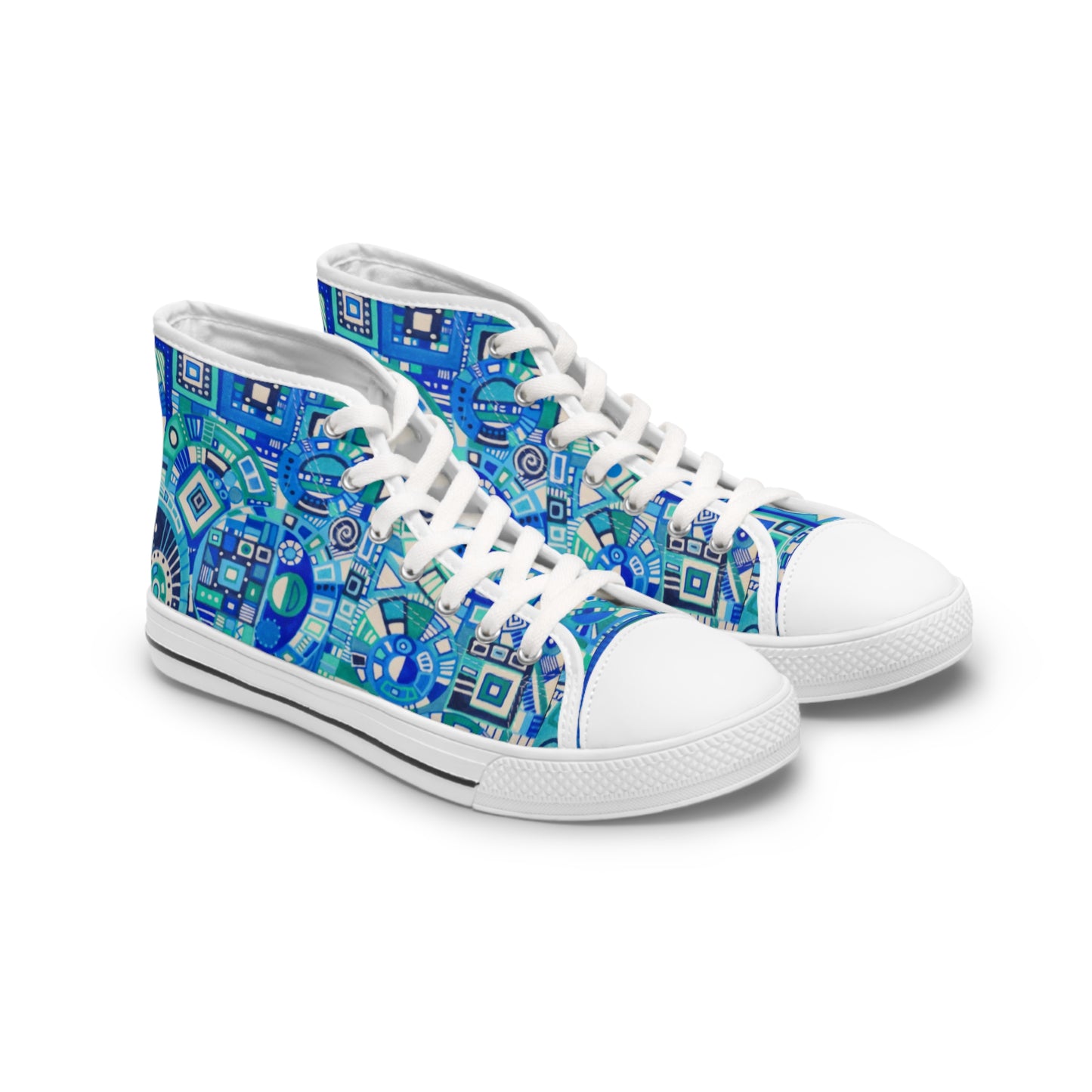 Women's High Top Sneakers - No. 262 - Blue Geometric - By Irish Artist Fiona de Lacy