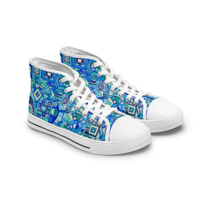 Women's High Top Sneakers - No. 262 - Blue Geometric - By Irish Artist Fiona de Lacy