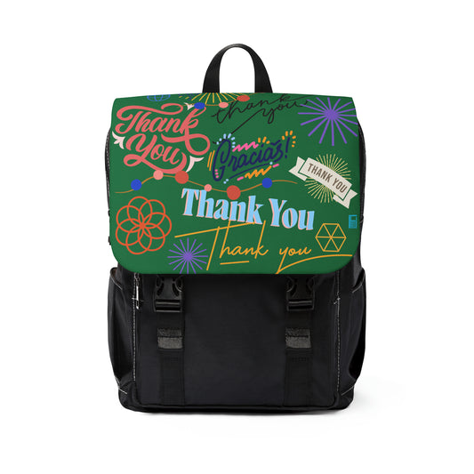 Casual Shoulder Backpack,  No. 312 - 'Thank You' on Green - By Irish Artist Fiona de Lacy