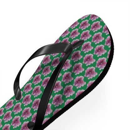 Flip Flops - No. 269 - Purple Pink Flower on Green - By Irish Artist Fiona de Lacy