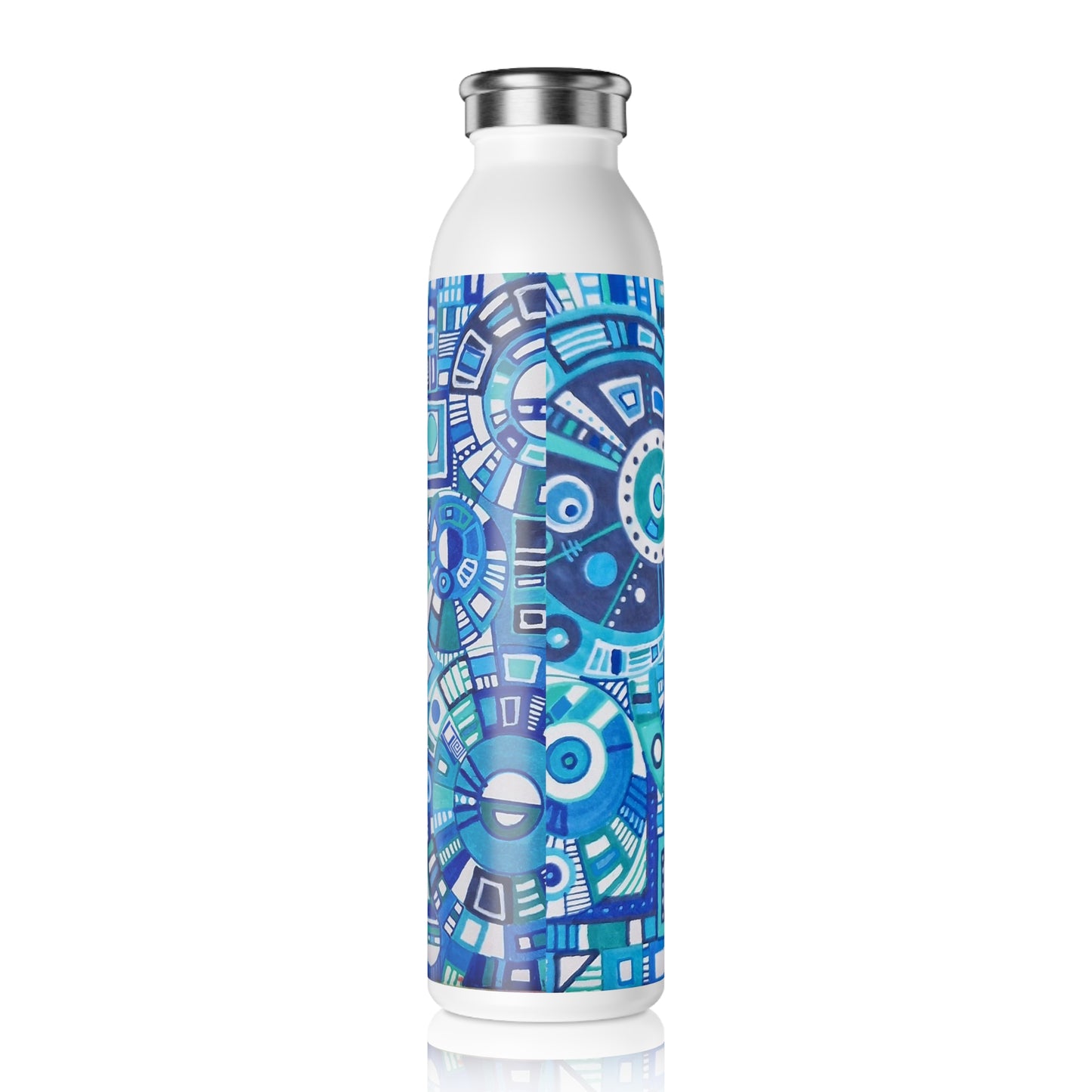 Slim Water Bottle - No. 262 - Blue, White Navy Geometric - By Irish Artist Fiona de Lacy