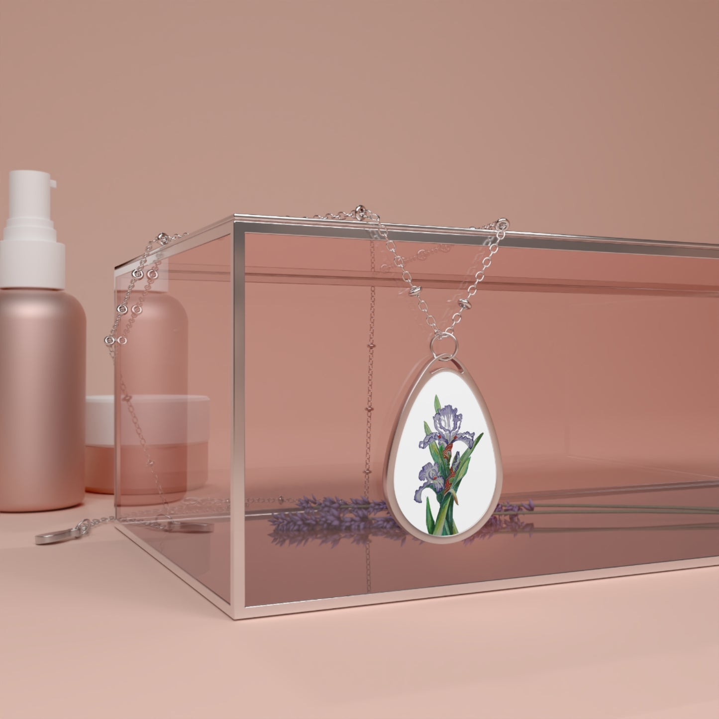 Oval Necklace - No. 272 - Purple Orchid on White - By Irish Artists Fiona de Lacy