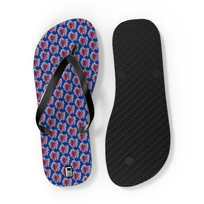 Flip Flops - No. 269 - Purple Pink Flower on Blue - By Irish Artist Fiona de Lacy