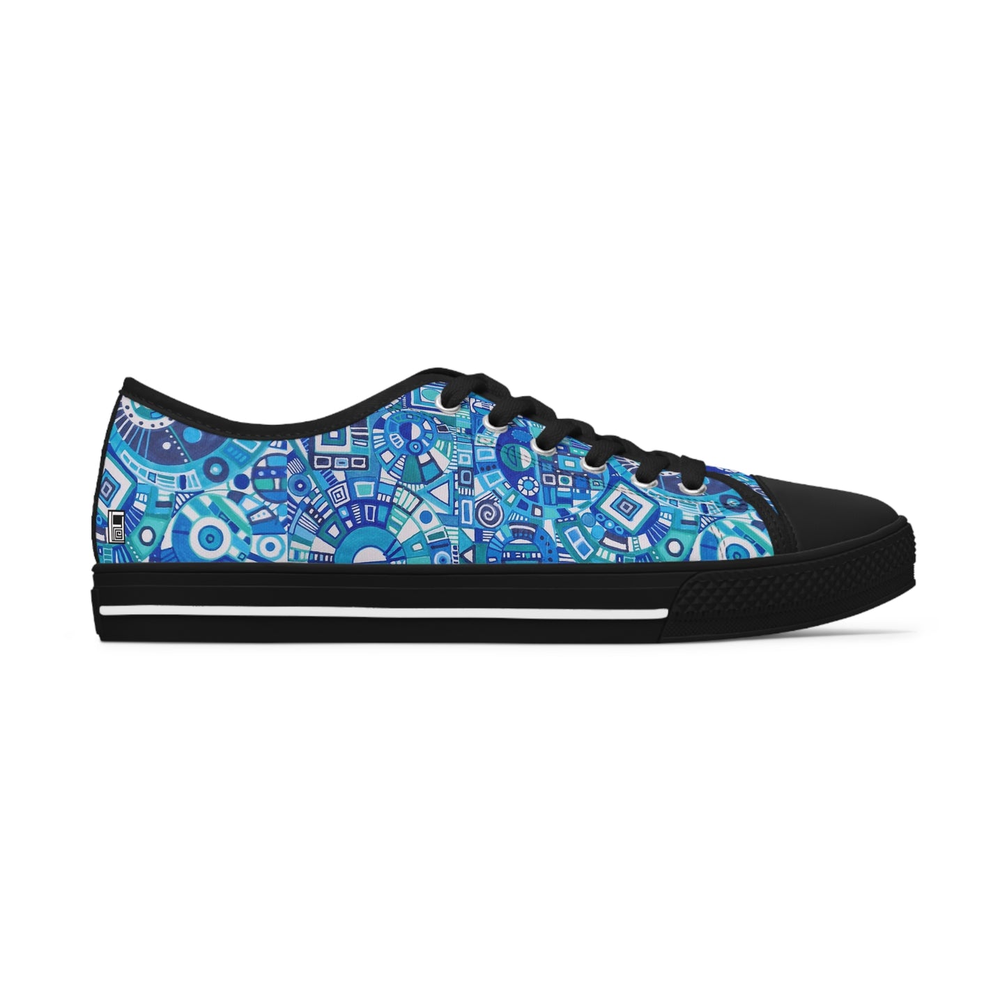 Women's Low Top Sneakers,  Black Soles - No. 262 - Geometric Blue & White - By Irish Artist Fiona de Lacy