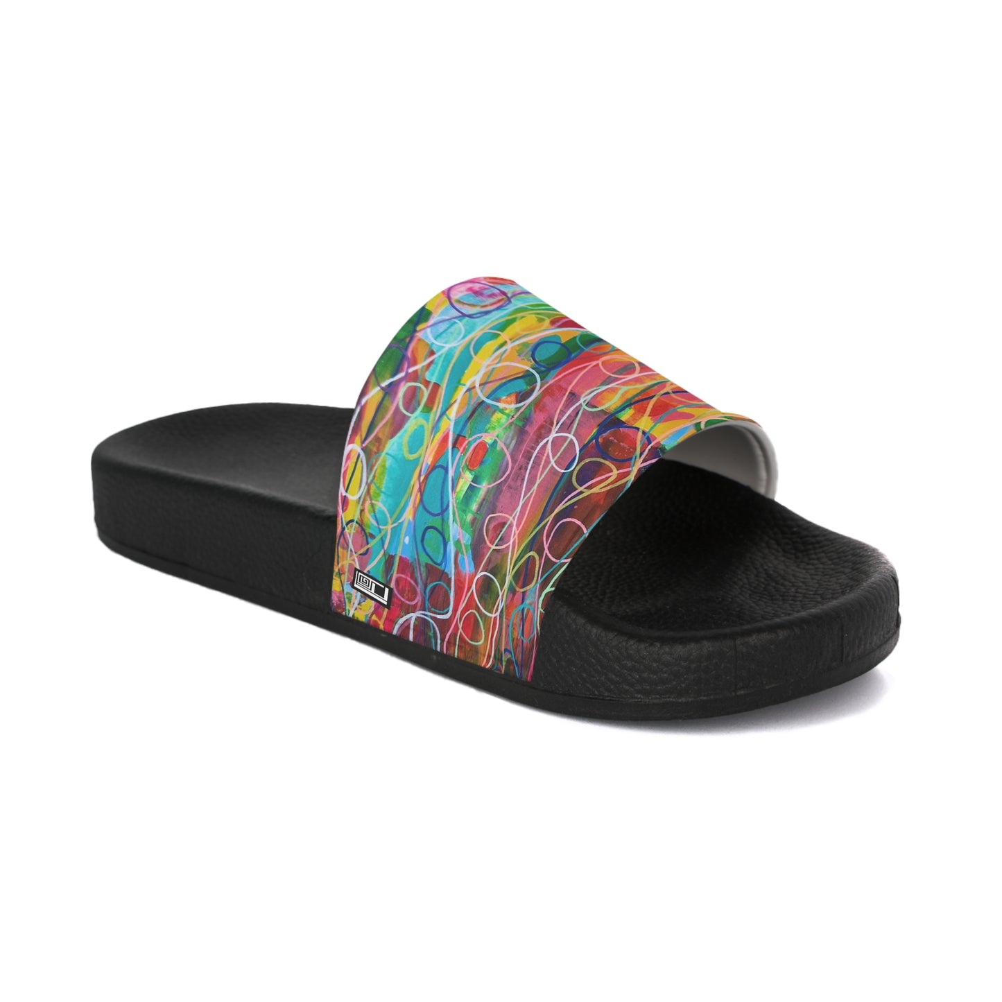 Women's Slide Sandals - No. 239 - Droplets A - Multicoloured Abstract - By Irish Artist Fiona de Lacy