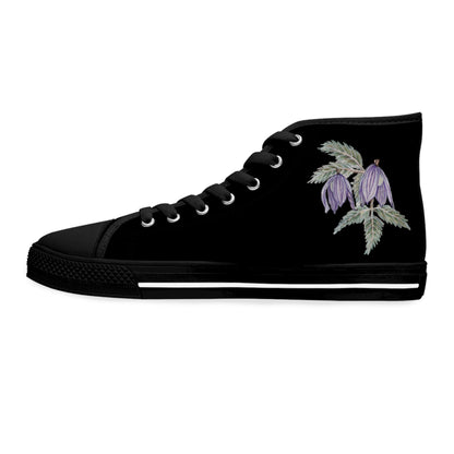 Women's High Top Sneakers - No. 270 - Purple Drop Flower on Black - By Irish Artist Fiona de Lacy