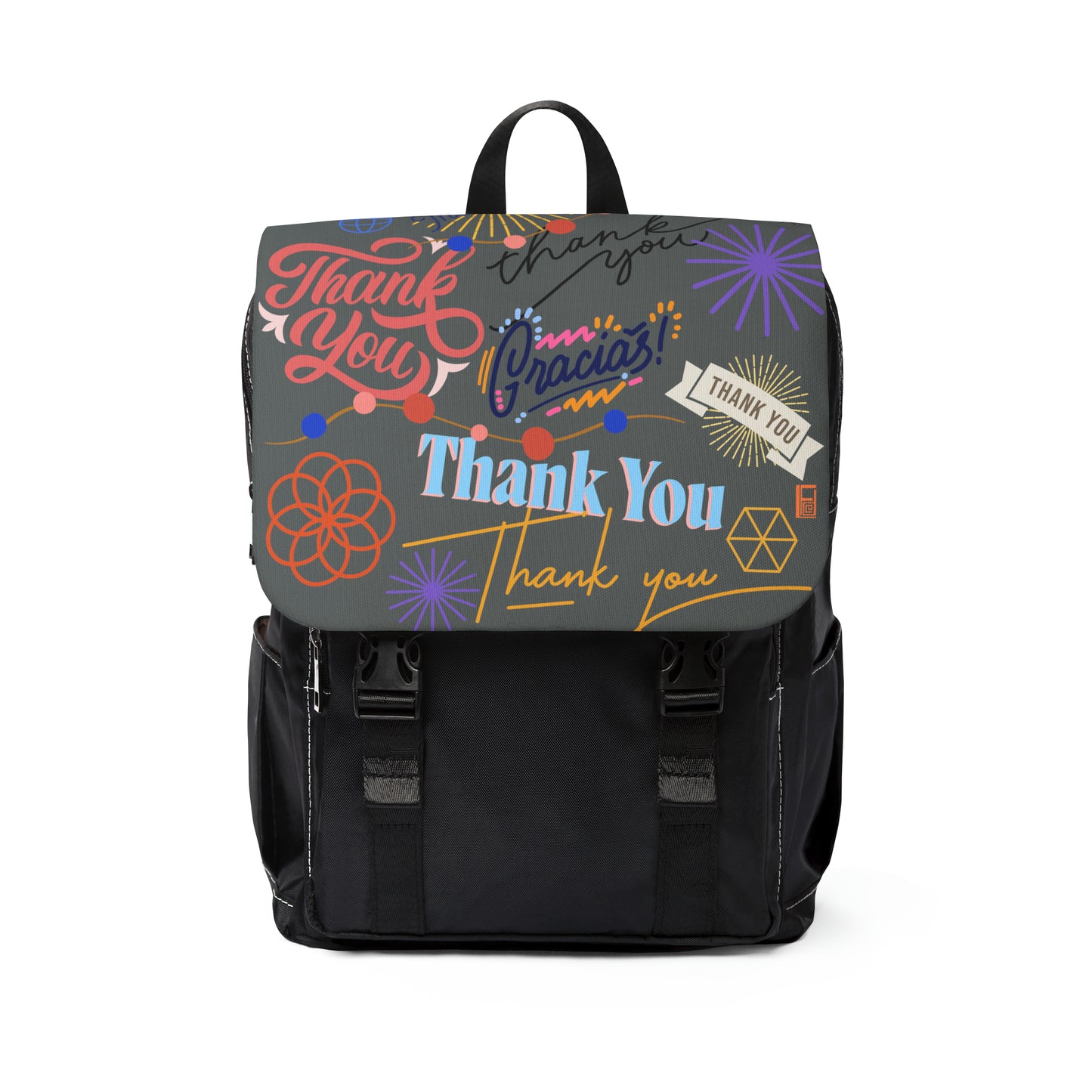 Casual Shoulder Backpack,  No. 312 - 'Thank You' on Grey - By Irish Artist Fiona de Lacy