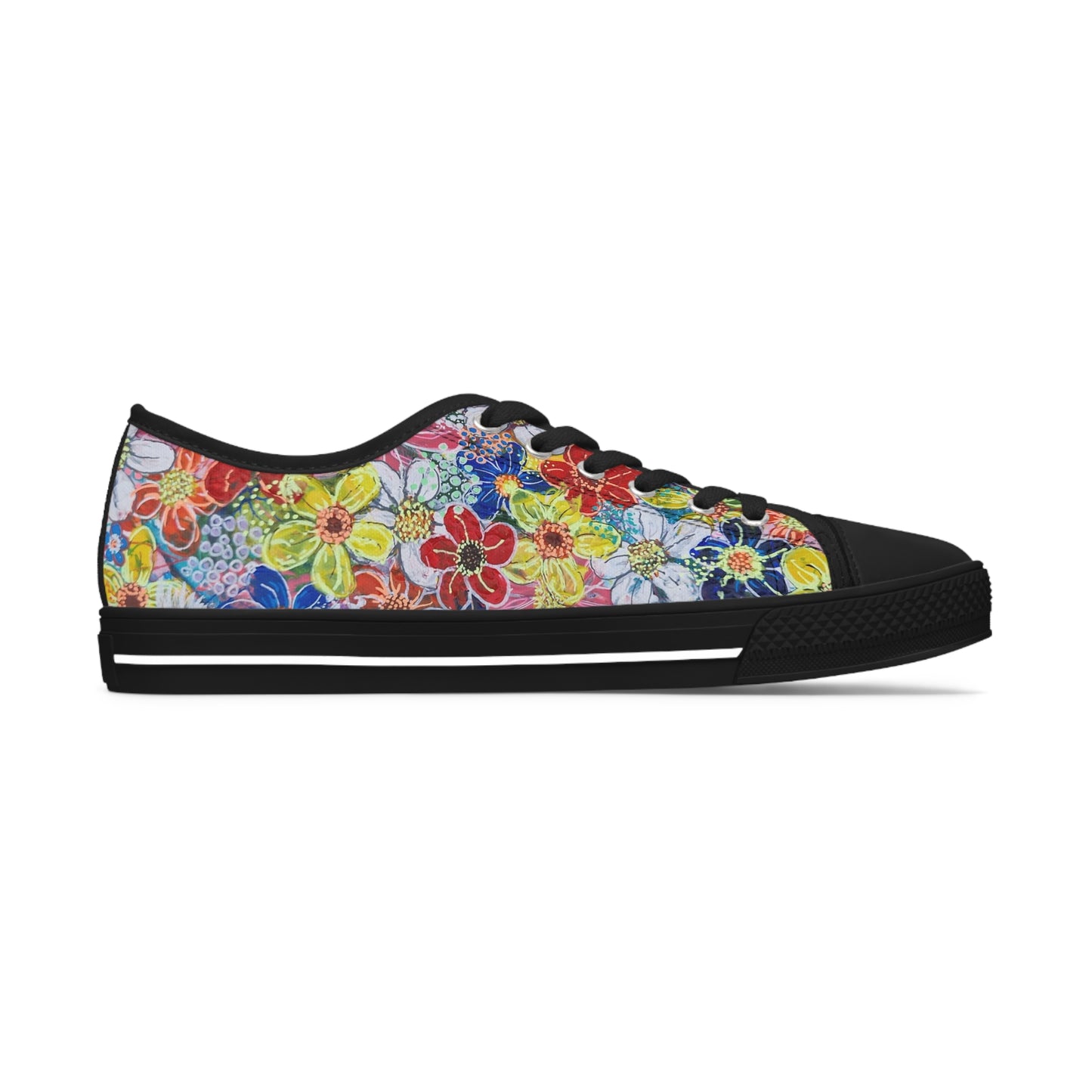 Women's Low Top Sneakers, black sole  - No. 241 - Flowers on Pink - By Irish Artist Fiona de Lacy