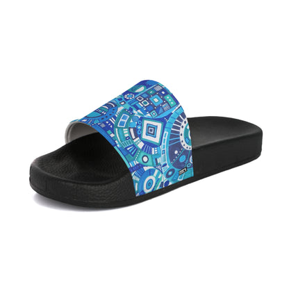 Women's Slide Sandals - No. 262 - Blue, Navy & White Geometric Abstract - By Irish Artist Fiona de Lacy