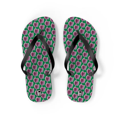 Flip Flops - No. 269 - Purple Pink Flower on Green - By Irish Artist Fiona de Lacy