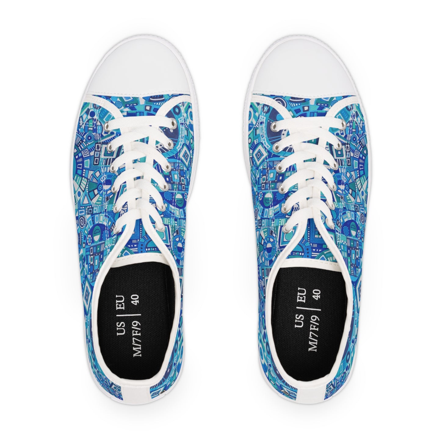 Women's Low Top Sneakers,  Black Soles - No. 262 - Geometric Blue & White - By Irish Artist Fiona de Lacy
