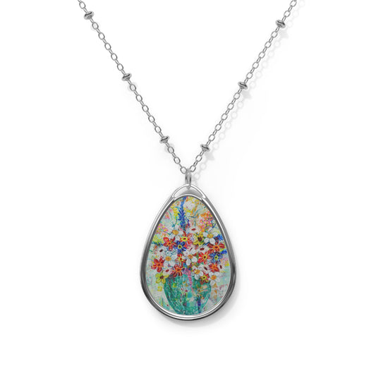 Oval Necklace - No. 249 - Flowers in Turquoise vase - By Irish Artists Fiona de Lacy