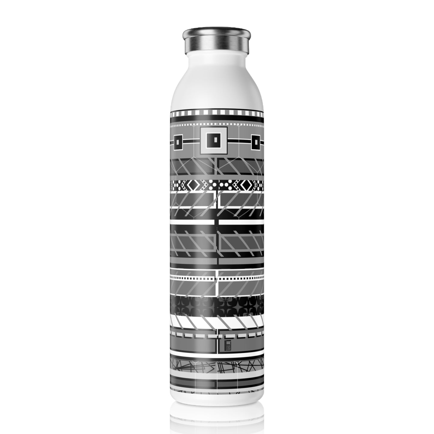 Slim Water Bottle - No. 298 Black, White & Grey Stripes - By Irish Artist Fiona de Lacy