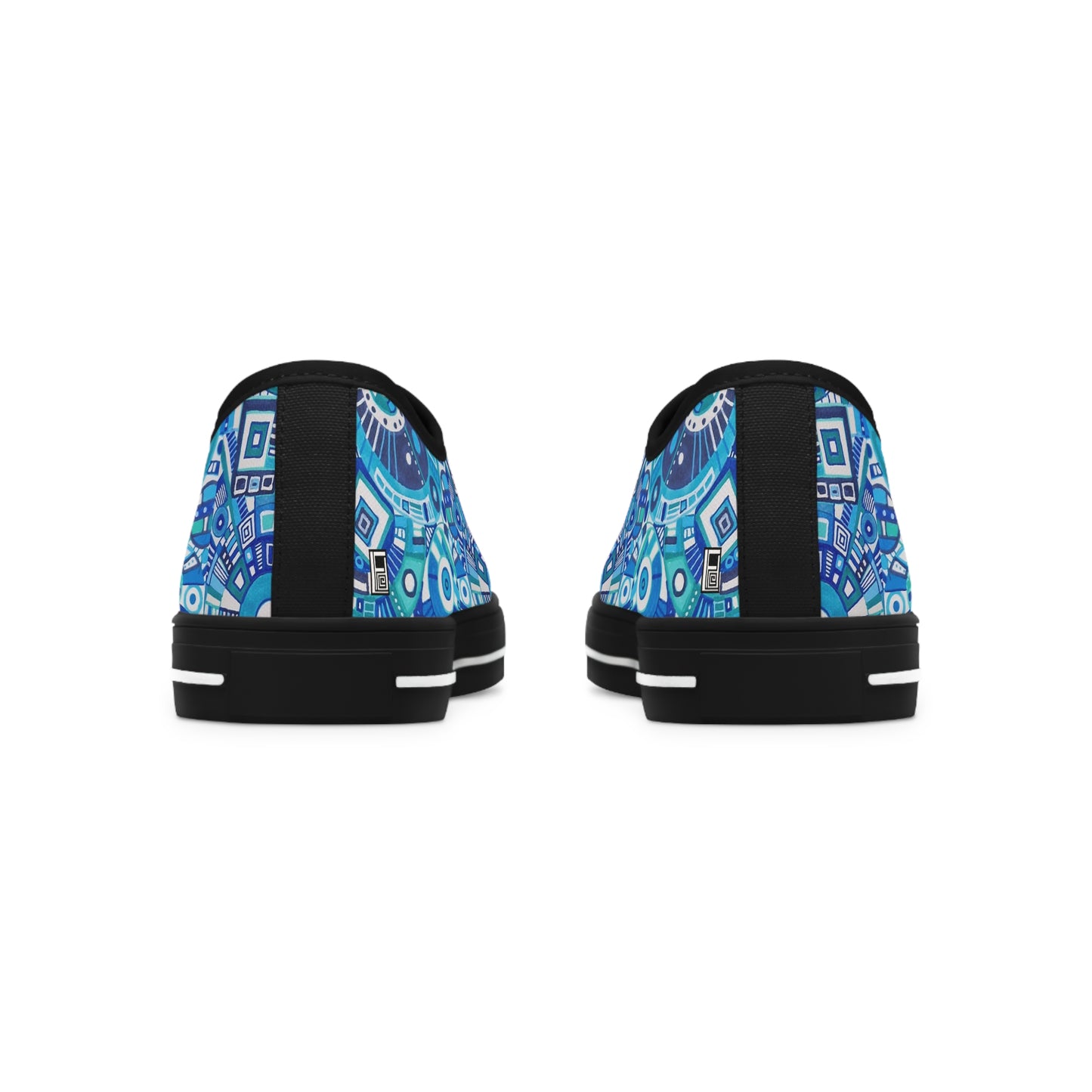 Women's Low Top Sneakers,  Black Soles - No. 262 - Geometric Blue & White - By Irish Artist Fiona de Lacy