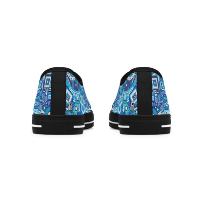 Women's Low Top Sneakers,  Black Soles - No. 262 - Geometric Blue & White - By Irish Artist Fiona de Lacy