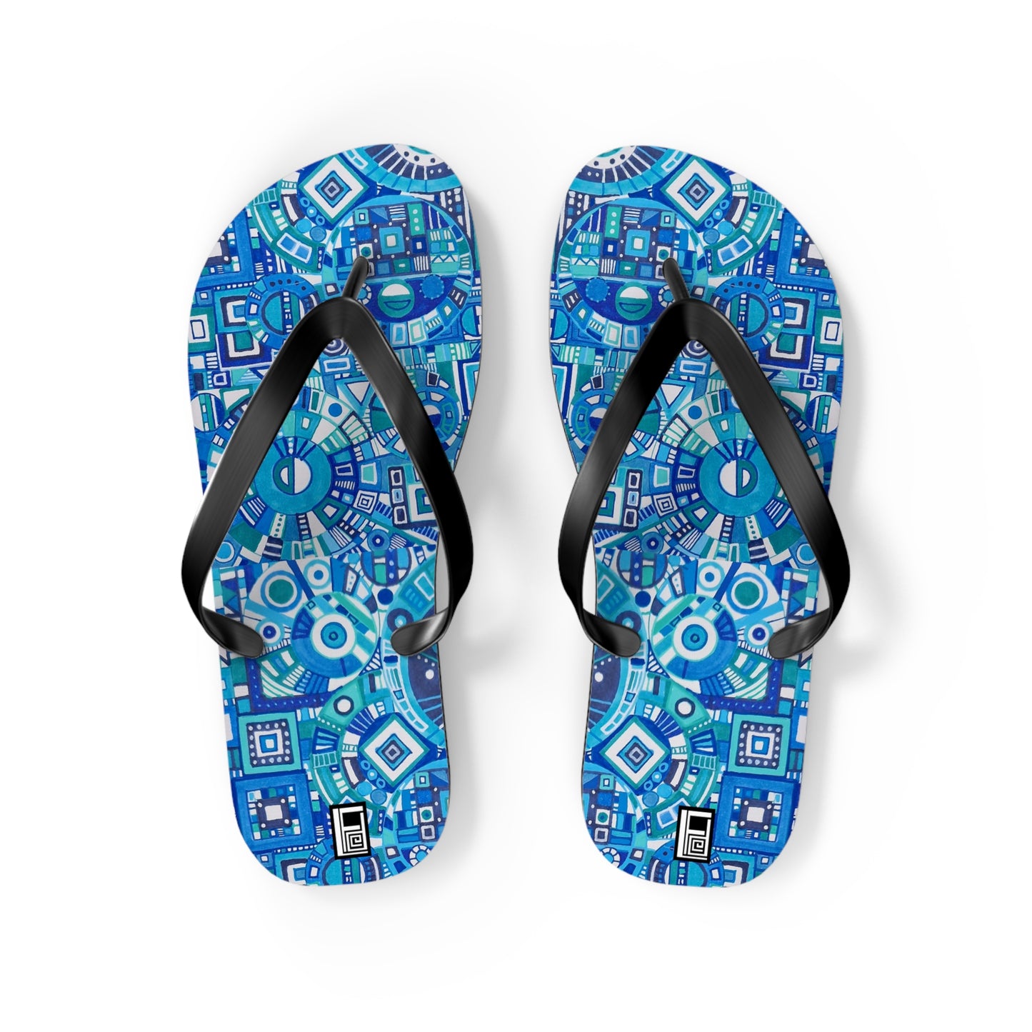 Flip Flops - No. 262 - Blue, White, Navy Geometric Abstract - By Irish Artist Fiona de Lacy