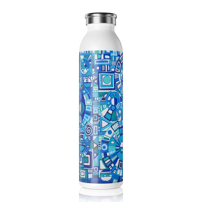 Slim Water Bottle - No. 262 - Blue, White Navy Geometric - By Irish Artist Fiona de Lacy