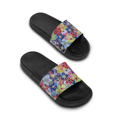 Women's Slide Sandals - No. 241 - Multicoloured Flowers on Pink - By Irish Artist Fiona de Lacy