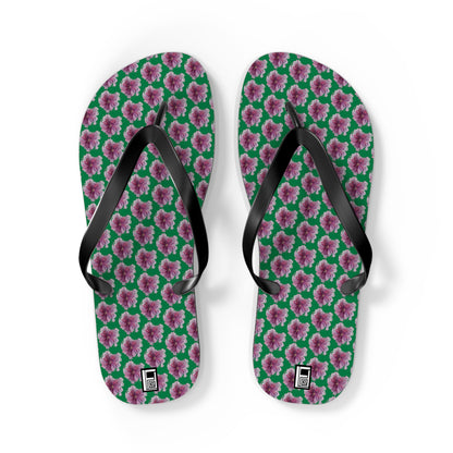 Flip Flops - No. 269 - Purple Pink Flower on Green - By Irish Artist Fiona de Lacy