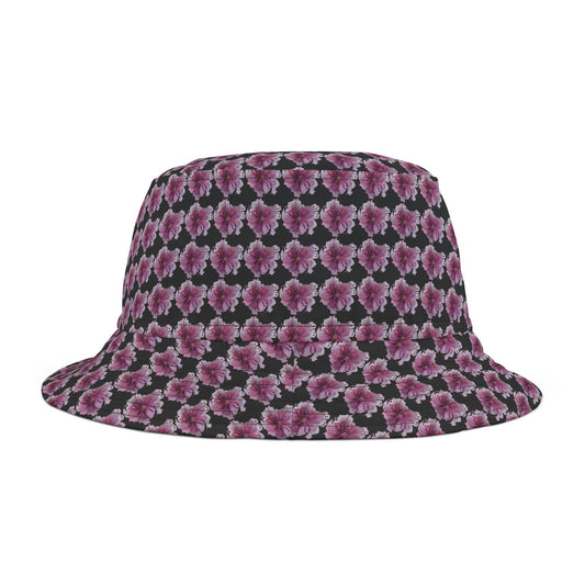 Bucket Hat  - No. 269 - Purple & Pink Flower on Black - By Irish Artist Fiona de Lacy