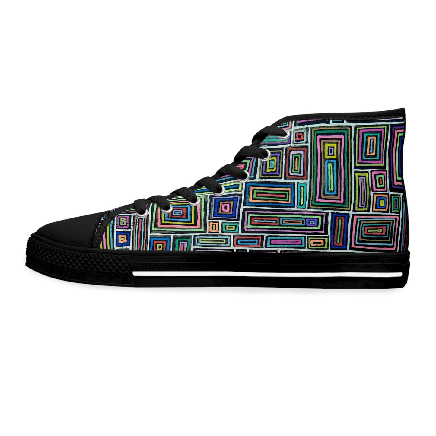 Women's High Top Sneakers - No. 253 - Multicoloured Rectangles on Black - By Irish Artist Fiona de Lacy