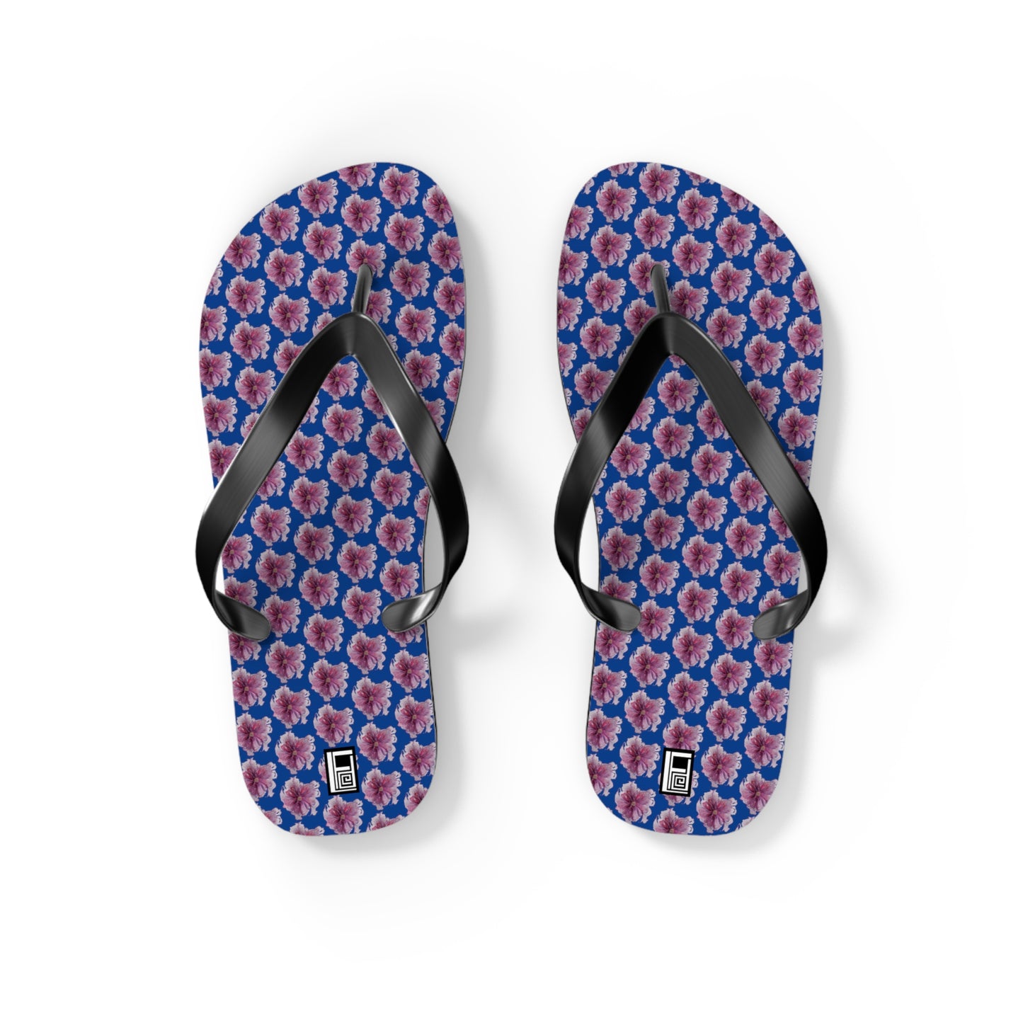 Flip Flops - No. 269 - Purple Pink Flower on Blue - By Irish Artist Fiona de Lacy