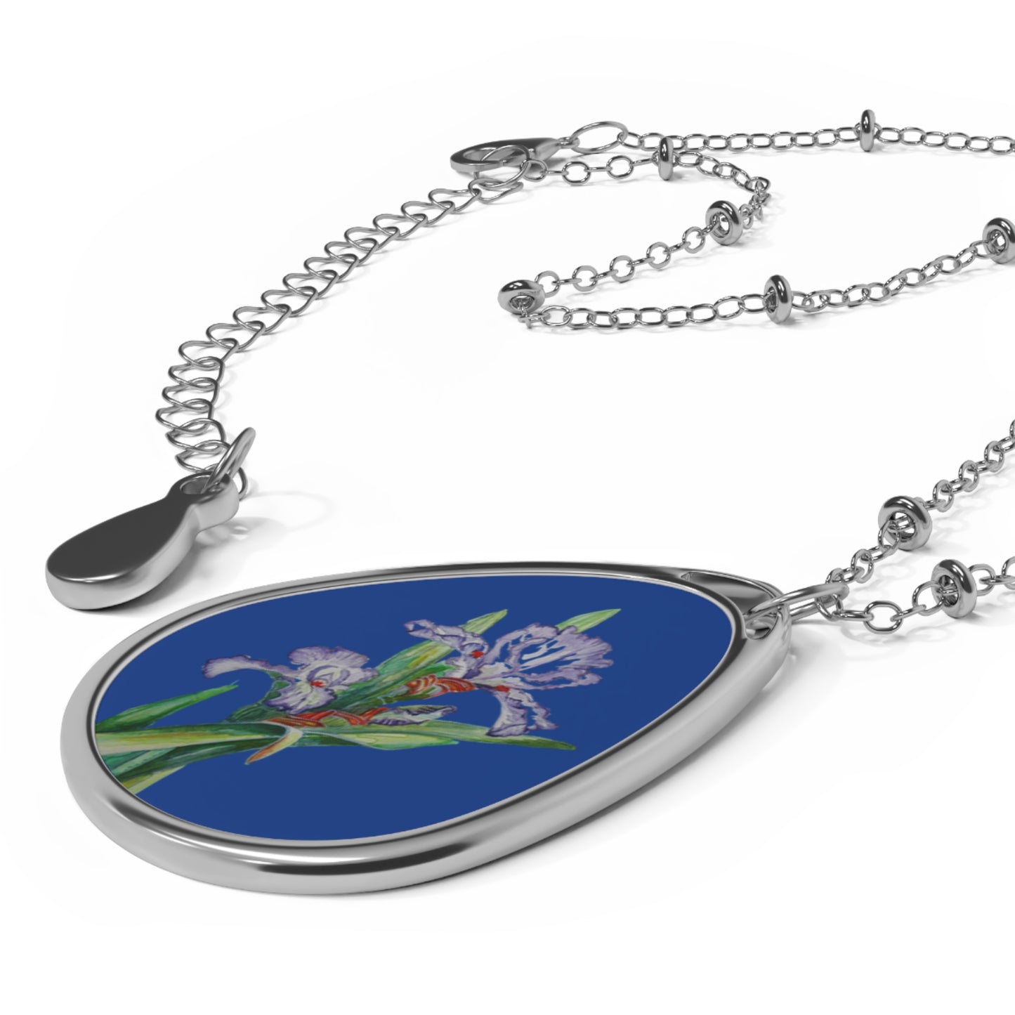 Oval Necklace - No. 272 - Purple Orchid on Navy - By Irish Artists Fiona de Lacy