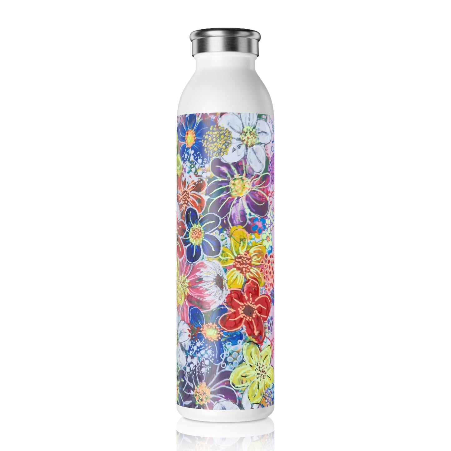 Slim Water Bottle - No. 241 Multicoloured flowers on Pink - By Irish Artist Fiona de Lacy