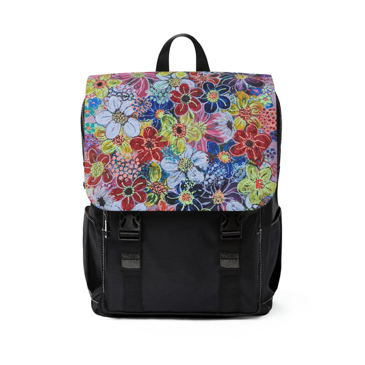 Casual Shoulder Backpack,  No. 241 Multicoloured Flowers on Pink -  By Irish Artist Fiona de Lacy