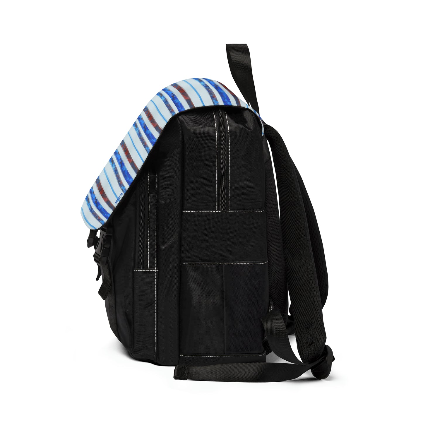 Casual Shoulder Backpack,  No. 140 'Thin Blue Line' - By Irish Artist Fiona de Lacy - Blue, red, Silver