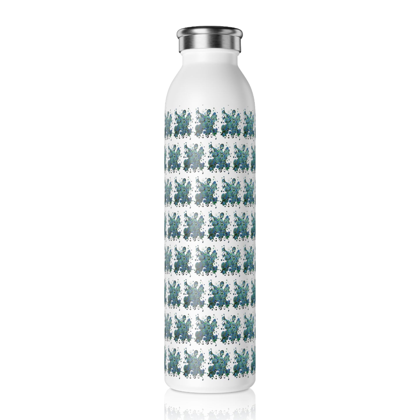 Slim Water Bottle - No. 146 'Bird of Paradise' - By Irish Artist Fiona de Lacy - White, Green, Blue, Silver