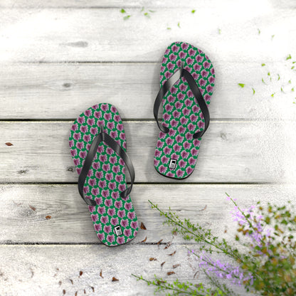 Flip Flops - No. 269 - Purple Pink Flower on Green - By Irish Artist Fiona de Lacy