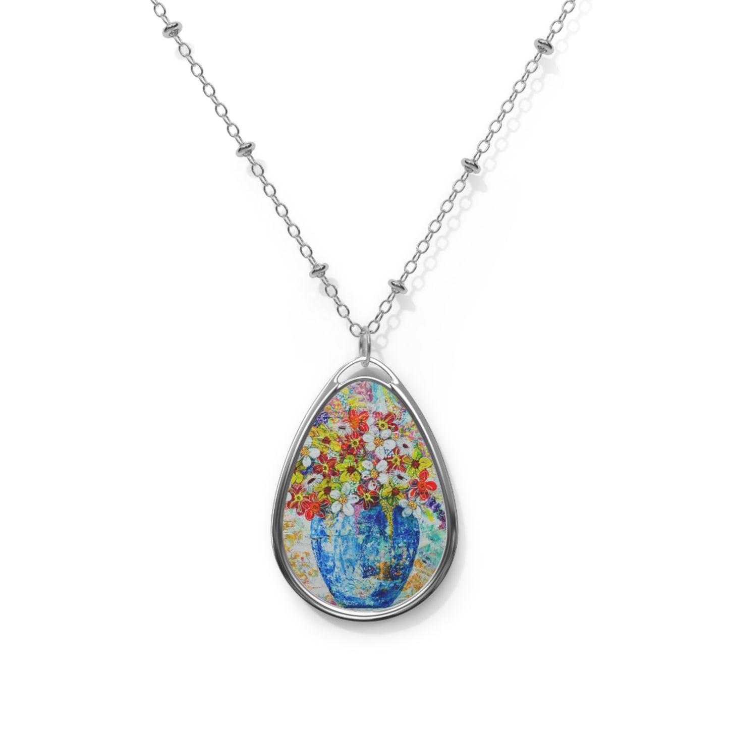 Oval Necklace - No. 247 - Flowers in Blue Vase - By Irish Artists Fiona de Lacy