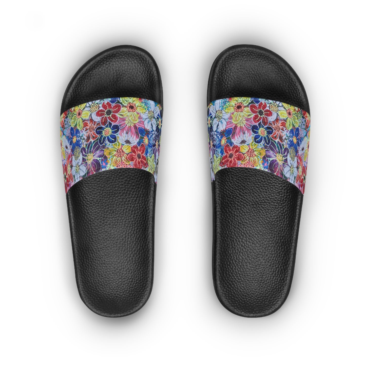 Women's Slide Sandals - No. 241 - Multicoloured Flowers on Pink - By Irish Artist Fiona de Lacy