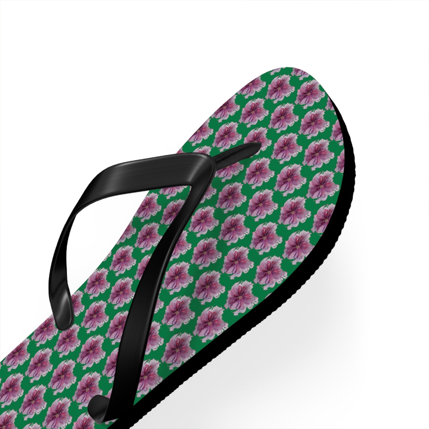 Flip Flops - No. 269 - Purple Pink Flower on Green - By Irish Artist Fiona de Lacy