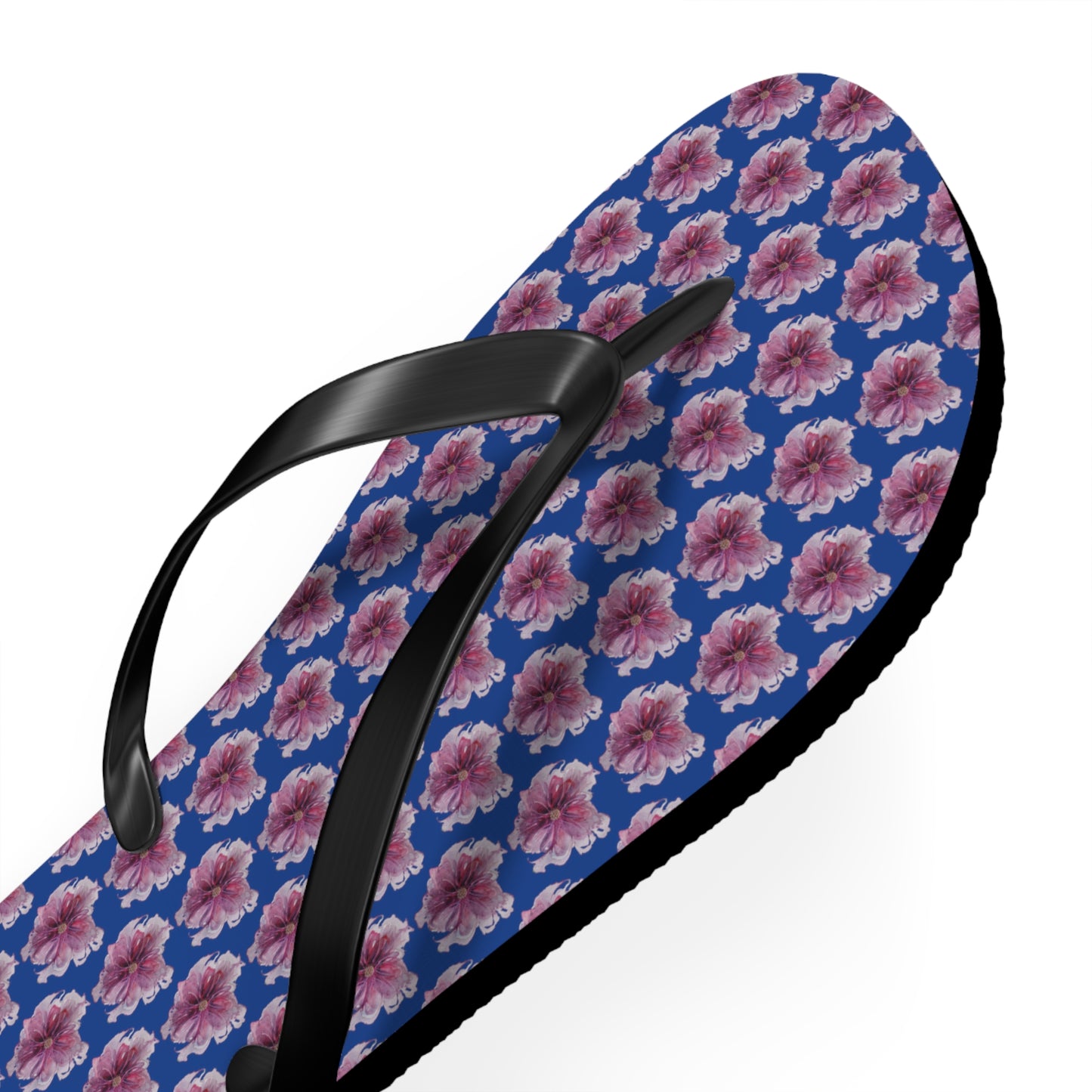 Flip Flops - No. 269 - Purple Pink Flower on Blue - By Irish Artist Fiona de Lacy