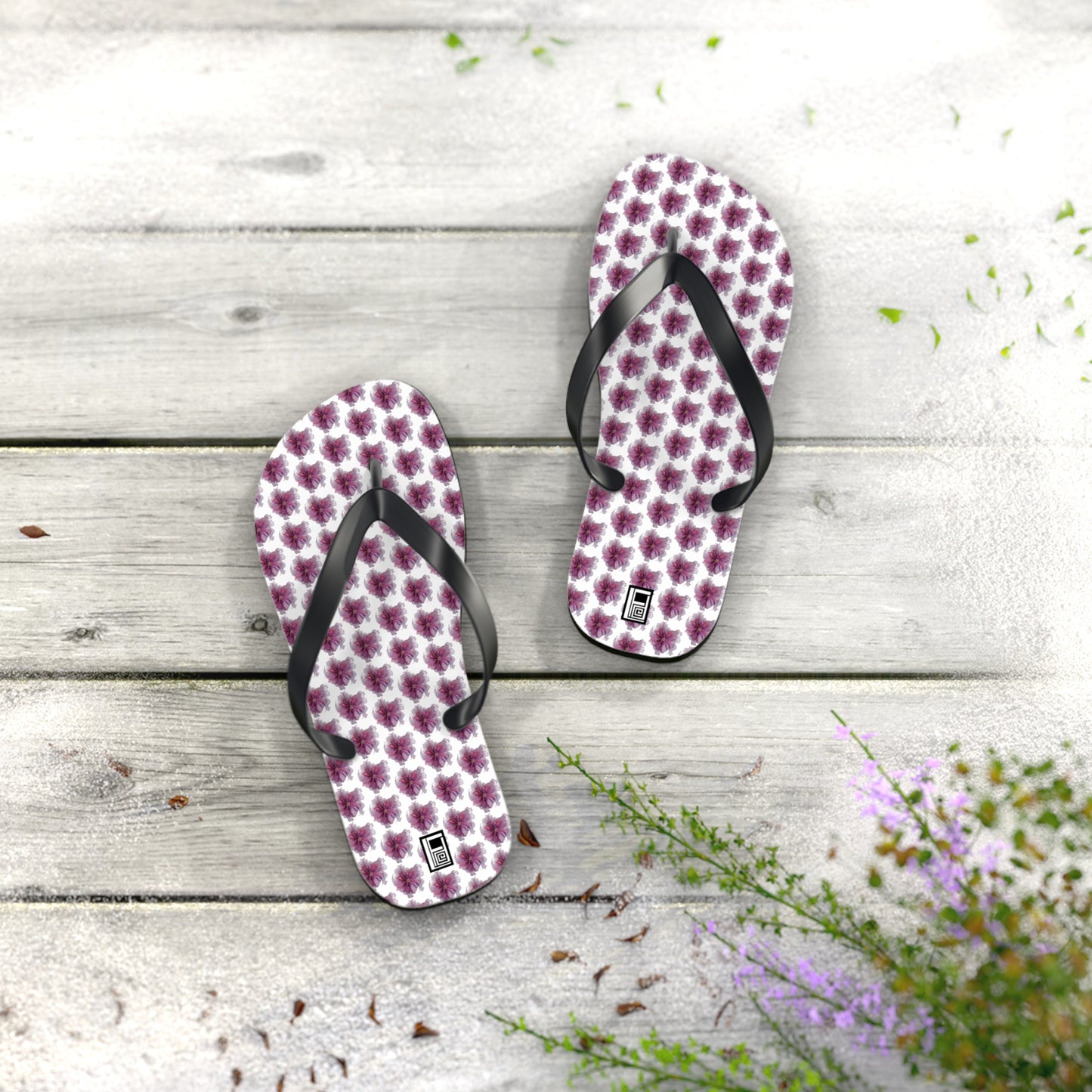 Flip Flops - No. 269 - Purple Pink Flower on White - By Irish Artist Fiona de Lacy