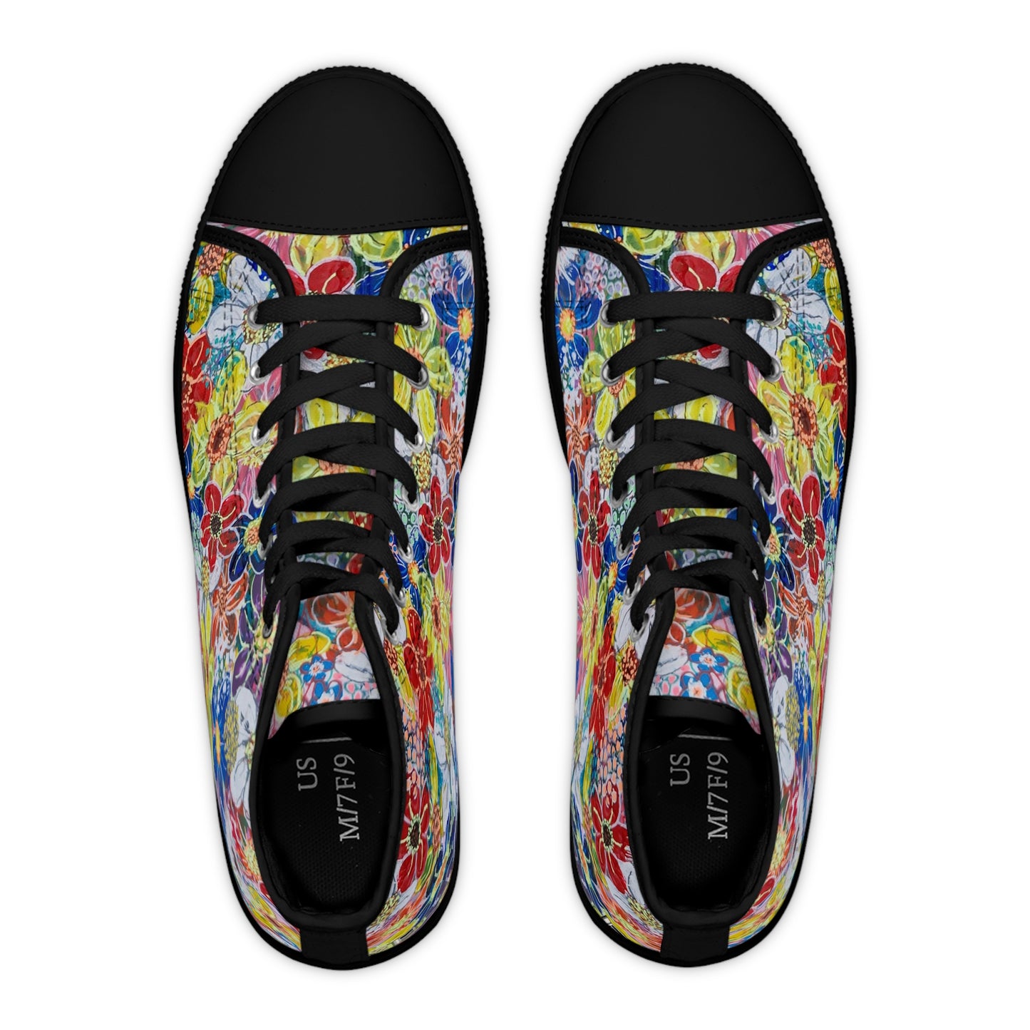 Women's High Top Sneakers, No. 241 Multicoloured flowers on Pink Base - By Irish Artist Fiona de Lacy