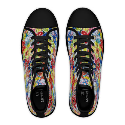 Women's High Top Sneakers, No. 241 Multicoloured flowers on Pink Base - By Irish Artist Fiona de Lacy