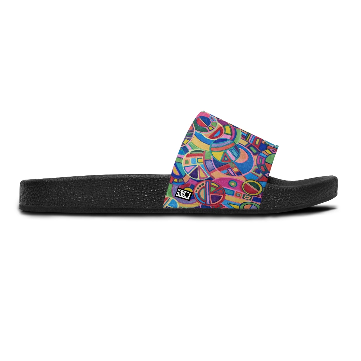 Women's Slide Sandals - No. 265 - Geometric Multicoloured Abstract - By Irish Artist Fiona de Lacy