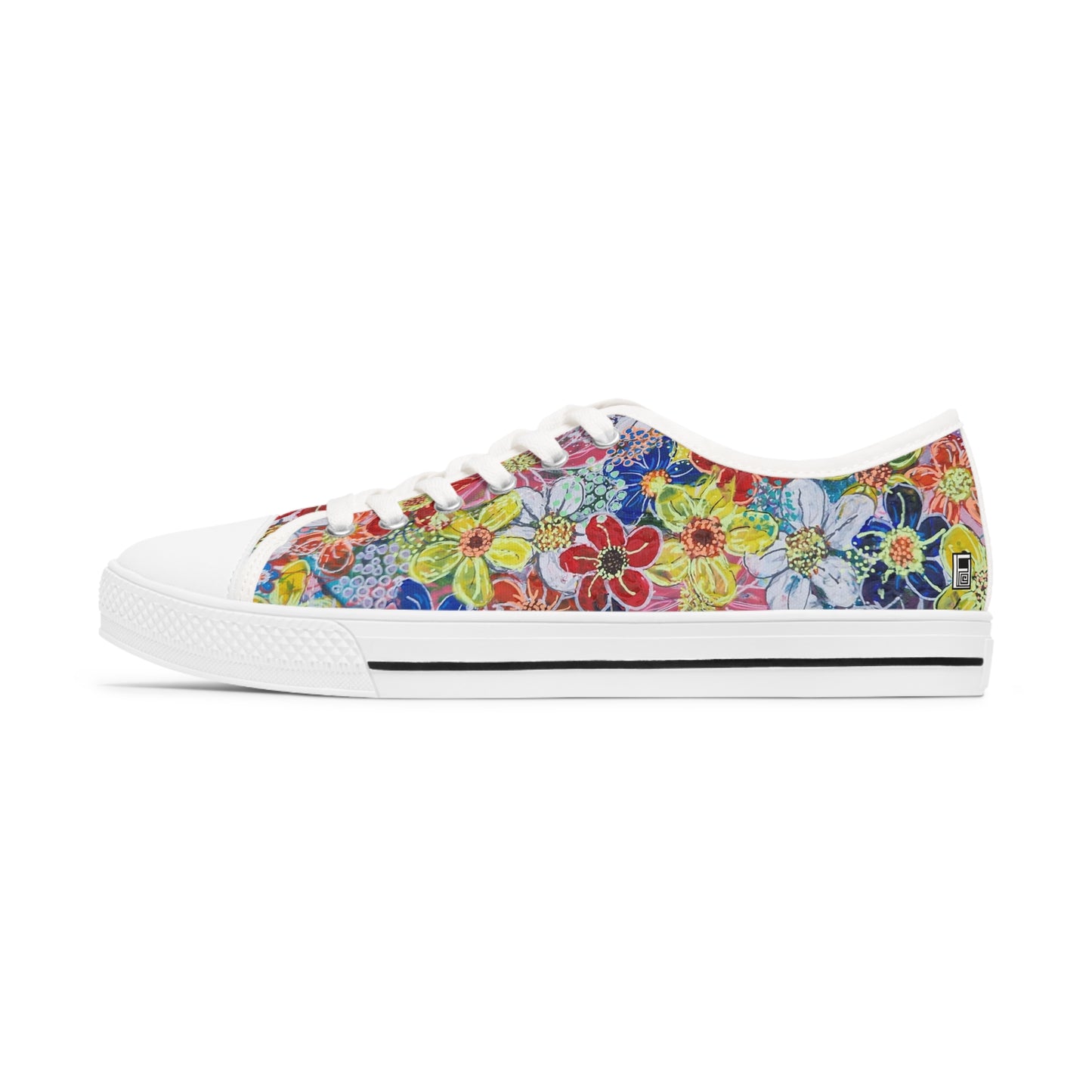 Women's Low Top Sneakers, black sole  - No. 241 - Flowers on Pink - By Irish Artist Fiona de Lacy