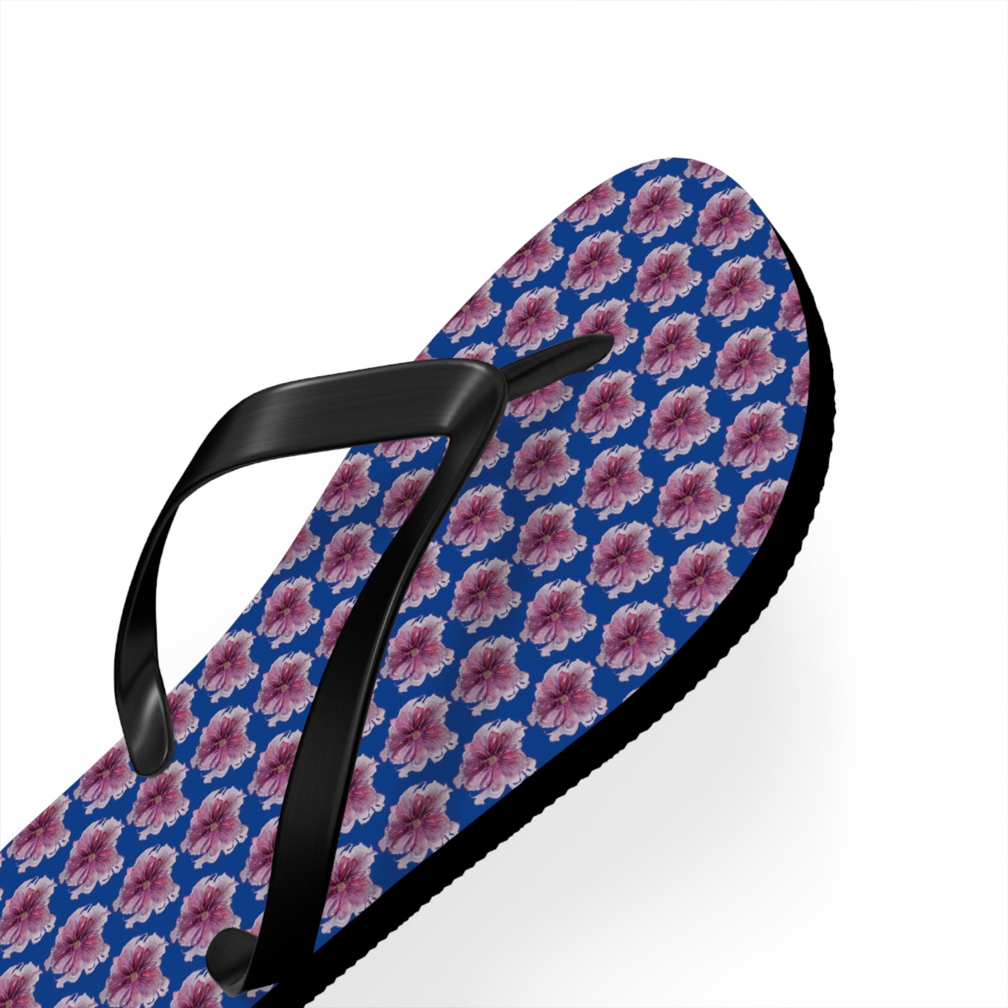 Flip Flops - No. 269 - Purple Pink Flower on Blue - By Irish Artist Fiona de Lacy