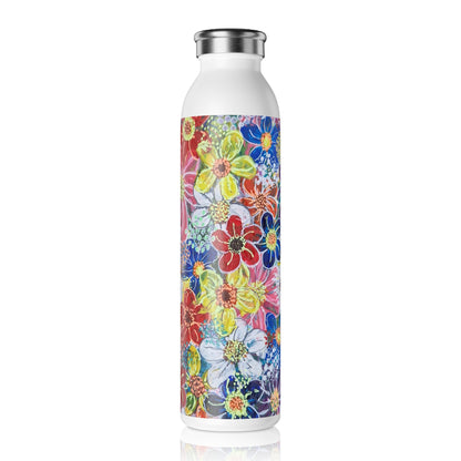 Slim Water Bottle - No. 241 Multicoloured flowers on Pink - By Irish Artist Fiona de Lacy