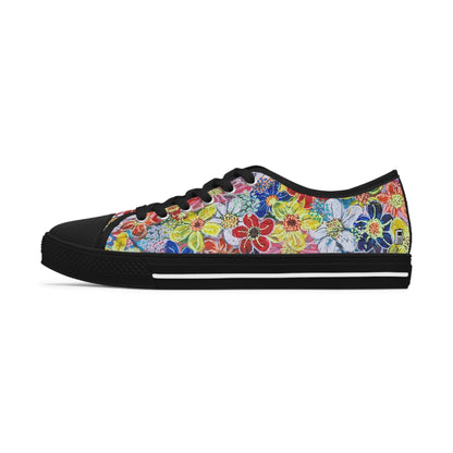 Women's Low Top Sneakers, black sole  - No. 241 - Flowers on Pink - By Irish Artist Fiona de Lacy