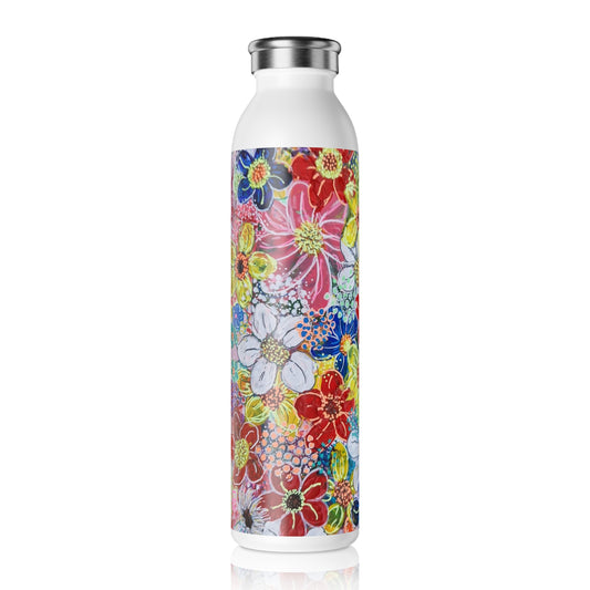 Slim Water Bottle - No. 241 Multicoloured flowers on Pink - By Irish Artist Fiona de Lacy