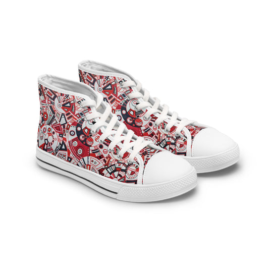 Women's High Top Sneakers - No. 276 - Geometric Abstract, Red, White & Black -  By Irish Artist Fiona de Lacy