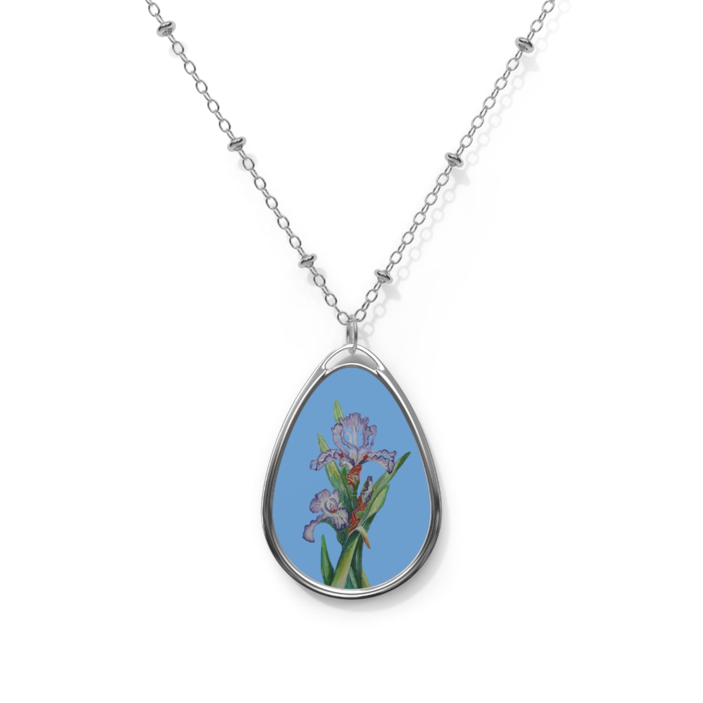 Oval Necklace - No. 272 - Purple Orchid on Blue - By Irish Artists Fiona de Lacy